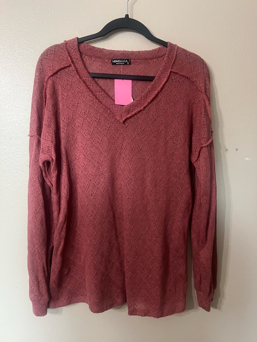 HEIMISH USA Mauve-Pink Open Knit V-Neck Sweater